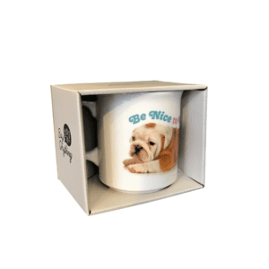 Porcelain mug with bulldog image"be nice to me"