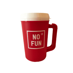No Fun Press travel mug red