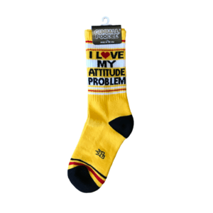 "i love my attitude problem"yellow and black socks