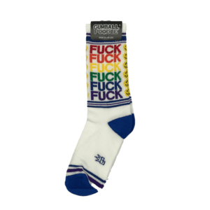 white socks with rainbow text "fuck"