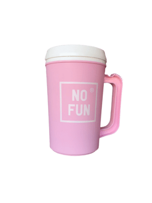 No Fun Press pink travel mug