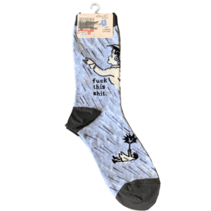 light blue with grey accents and image of girl with umbrella in rain "fuck this shit" socks