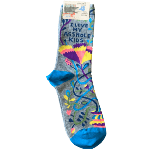 grey and blue floral socks "i love my asshole kids"