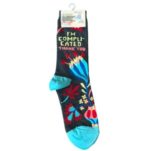 black and blue floral socks "I'm complicated thank you"