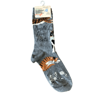 grey socks with images of cats "people i love:cats"