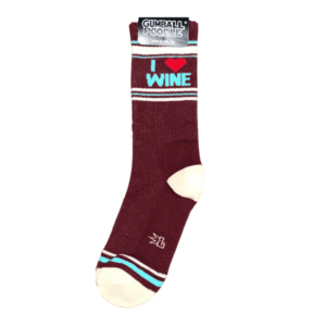 burgundy with aqua text "i love wine" socks