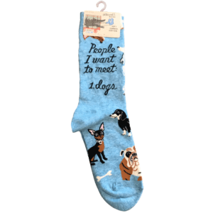 blue socks with images of different dogs "people i want to meet: 1. Dogs"