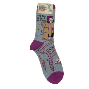 grey and purple socks with image of girl and dog at a piano"my dog is cool as fuck"
