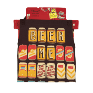 brown apron with images of beer cans "beer me, and you know what? beer you my friend, beer you"