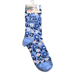 blue with white floral socks "bitch i am relaxed"