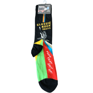 multicolored "classic rock" socks with silhouette of guitar and guitarist image also reads "turn that shit up!"
