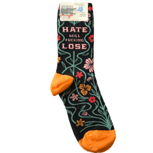 black with orange and green details, floarl socks "hate will fucking lose"