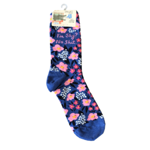 blue with pink floral print socks "i'm shy? no shit"