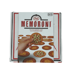 white and red box, pizza shaped card memory game