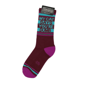 burgundy socks with aqua and pink "my cat says you're dumb"