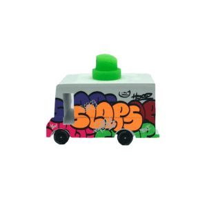 white toy van with fake green spray nozzle, colorful graffiti on sides