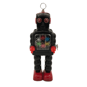 black mechanical wind up robot with red eyes,feet and hands and multicolored accents