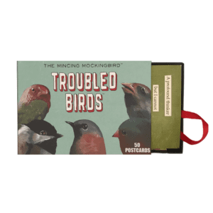 Mincing Mockingbird Troubled Birds postcards with matchbox drawer open