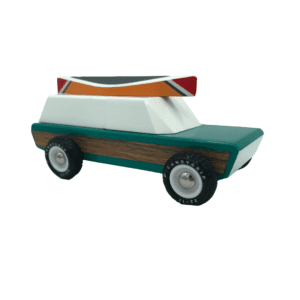GREEN AND BROWN WOODEN CAR WITH REMOVABLE MAGNETIC CANOE