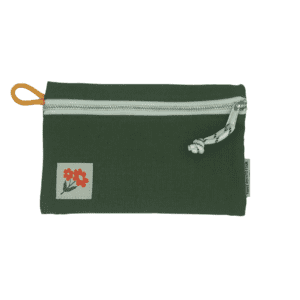 green pouch with orange flower and white zipper