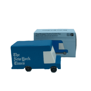 blue toy van with box "the new york times"