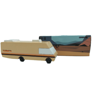 BEIGE TOY RV MADE OF WOOD WITH BOX