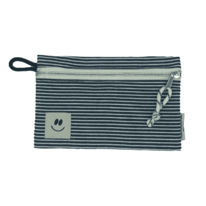 hickory stripe navy and white pouch, happy face patch and white zipper