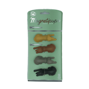 green fridge shaped packaging, four dog shaped magnets in yellow, brown, grey and black