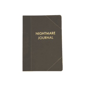 grey journal with gold lettering "nightmare journal"