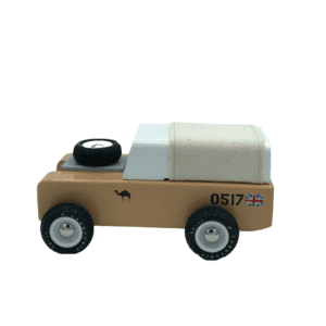 beige/tan wooden toy car with cream linen accent and spare tire on hood