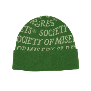 green hat with repeating text "society of misery and regrets"