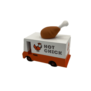 white and orange wooden toy van with fried chicken leg on top