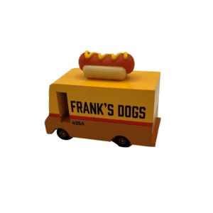 yellow and brown wooden toy van with hotdog on top