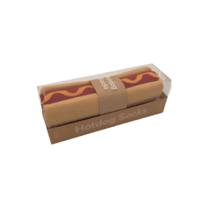A pair of socks folded to look like a hot dog in a plastic container.