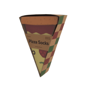 A pair of socks with a pizza topping pattern folded into a triangle and packaged in a single slice pizza takeout box