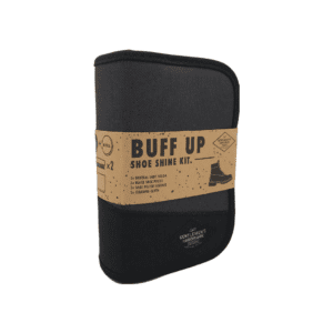 A zippered grey fabric case that reads "Buff Up Shoe Shine Kit"