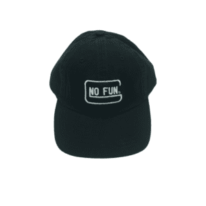 black hat with white embroidery "no fun"