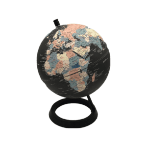 A globe with pastel countries on matte black oceans.