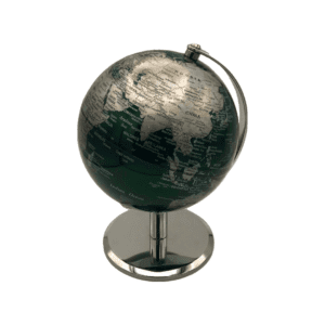 A globe with a chrome base, fir green seas, and chrome landmasses