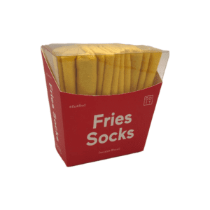 A pair of yellow socks packaged to resemble fries in a takeout box