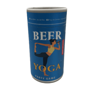 A cylindrical "beer can" shaped box that says "beer yoga" with a picture of someone doing a yoga pose with a beer in hand