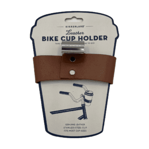 A leather bike cup holder wrapped around a cardboard backer card