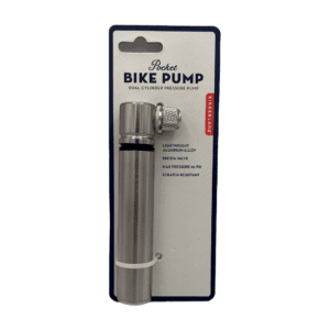 A small metal cylinder bike pump on a cardboard backer