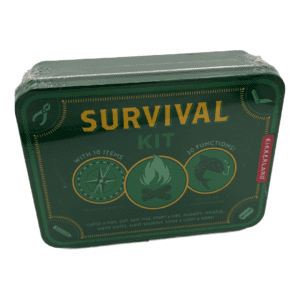 A green tin that reads "survival kit"