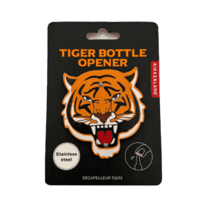 A stainless steel bottle opener decorated like a tiger on cardboard backer