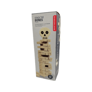 A box showing a pile bone-shaped wooden blocks, with a skull-shaped wooden block on top