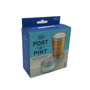 A blue box with a picture of a plastic collapsible beer glass.