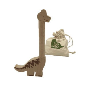A wooden toy dinosaur with a long neck made of stacking pieces.