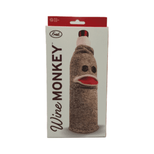 A box with a picture of a wine bottle in a knit sleeve with a sock monkey face.