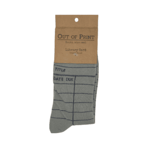 A pair of light grey socks with an old library card template printed on them.